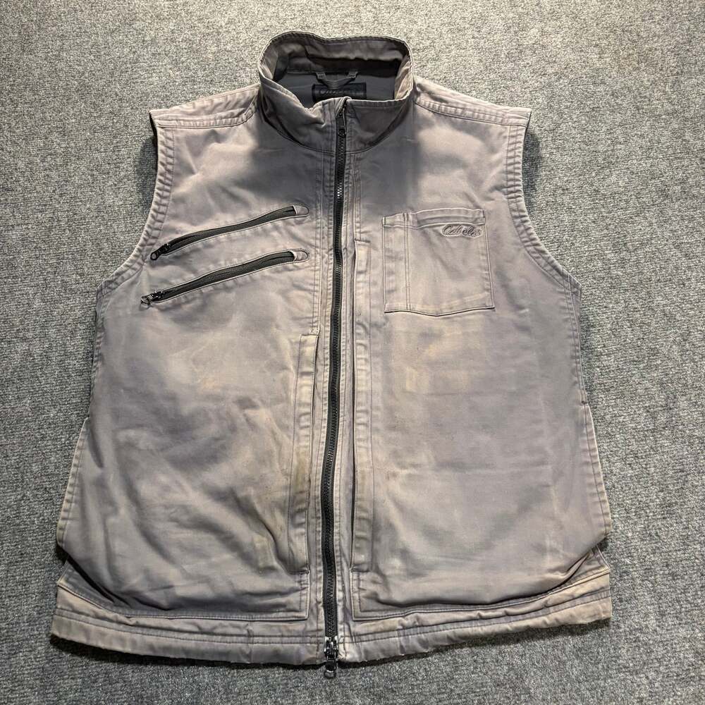 Vintage Cabelas Men XL Gray Canvas Vest Full Zip Workwear Utility Hunting Jacket